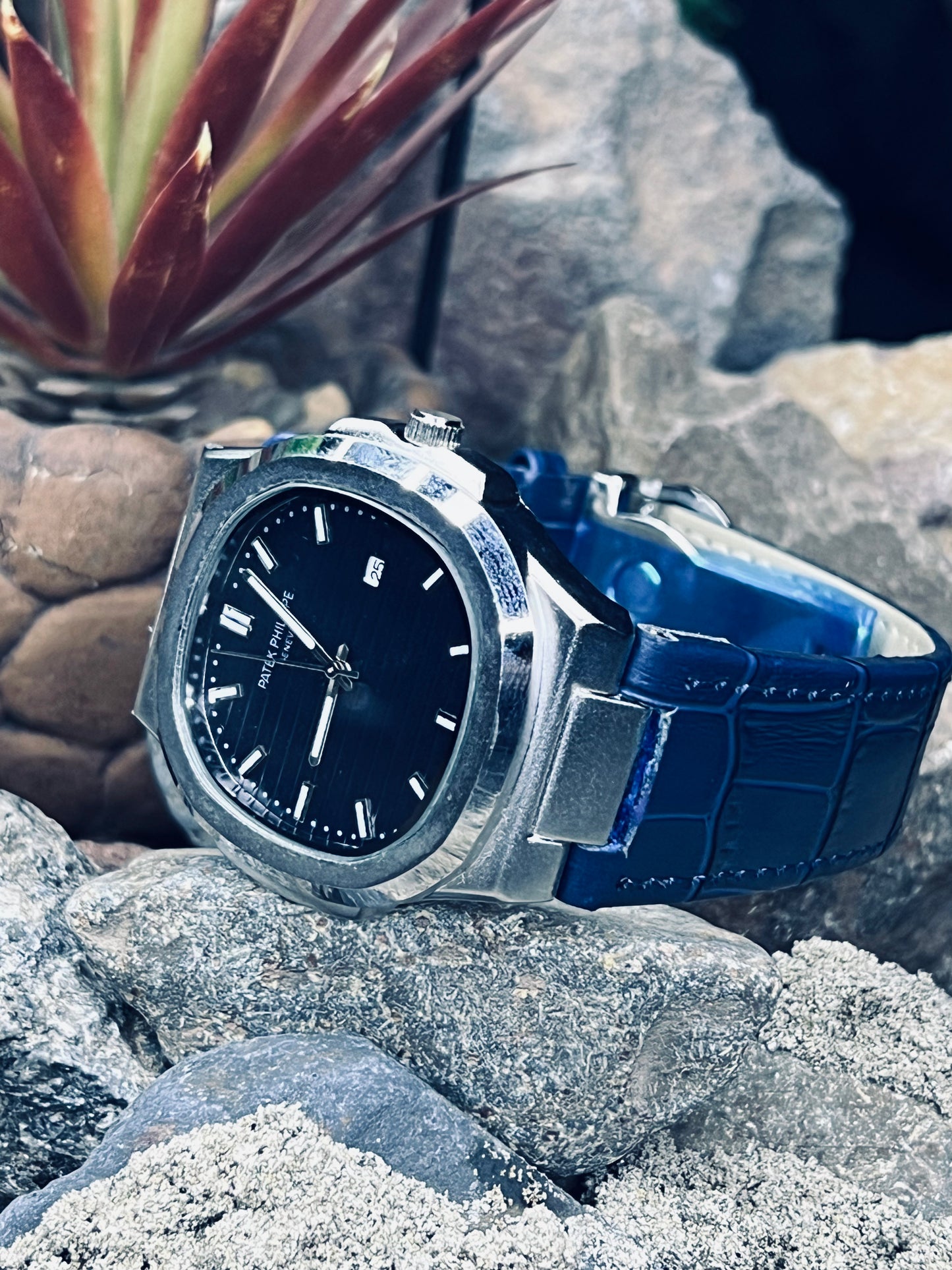 Patek Philippe Silver – Swiss Luxury Watch with Blue Leather Strap for Men