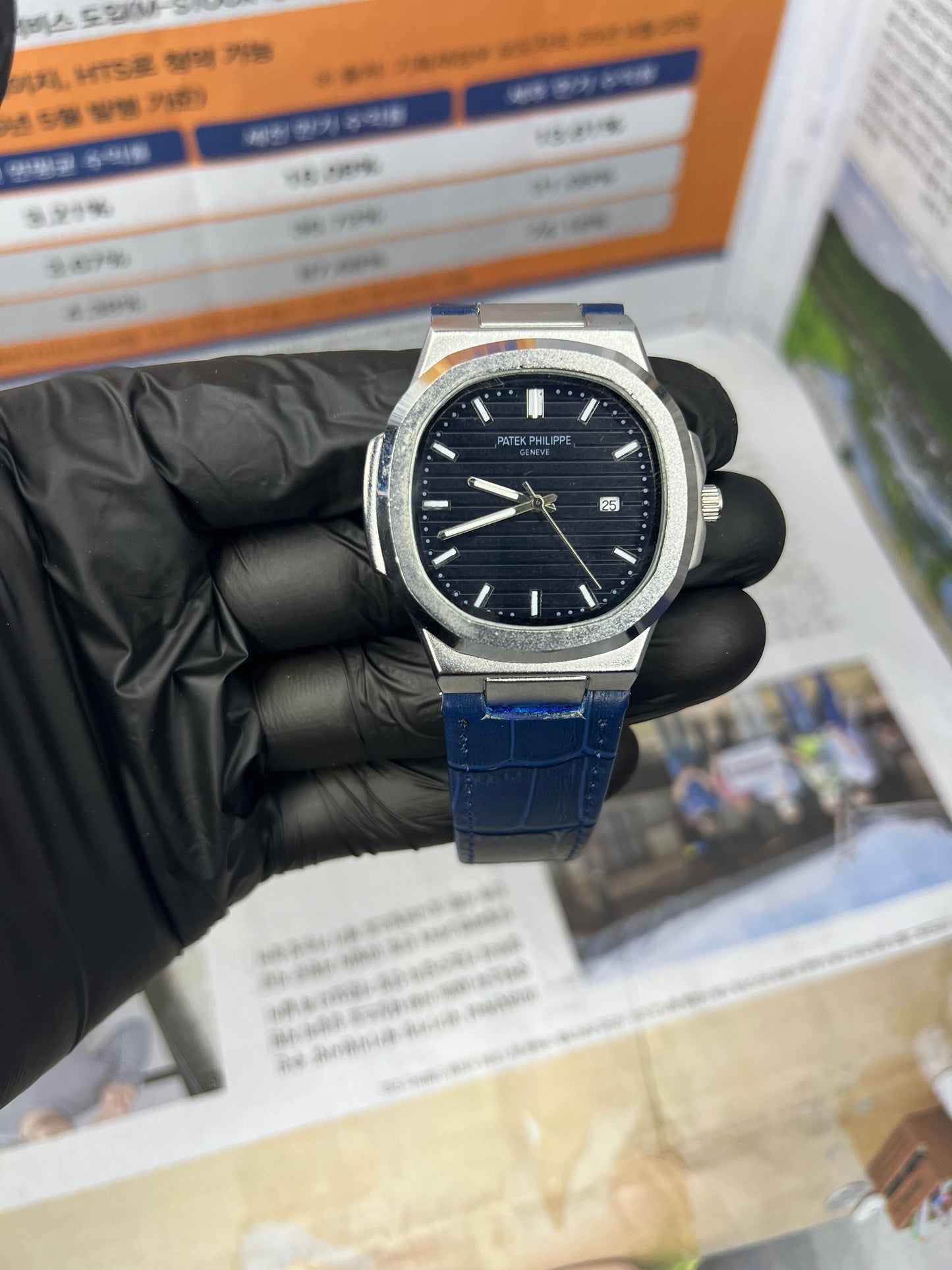 Patek Philippe Silver – Swiss Luxury Watch with Blue Leather Strap for Men