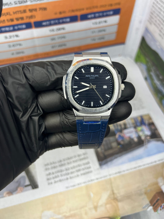 Patek Philippe Silver – Swiss Luxury Watch with Blue Leather Strap for Men