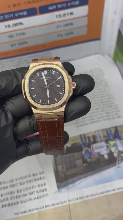 Patek Philippe Rose Gold – Swiss Luxury Watch with Brown Leather Strap for Men